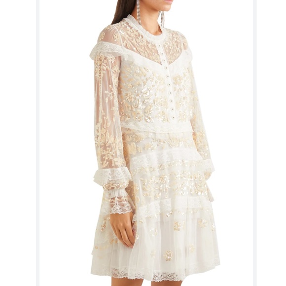 NEEDLE & THREADIvory Ava Sequins Embellished Tulle Mini Dress